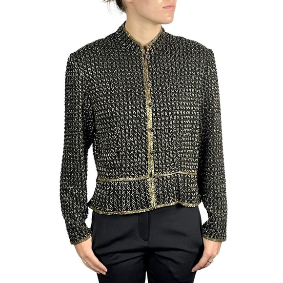 J KARA VINTAGE SILK BEAD EMBELLISHED TWEED PEPLUM BUTTON HOLIDAY EVENING JACKET - Picture 1 of 17